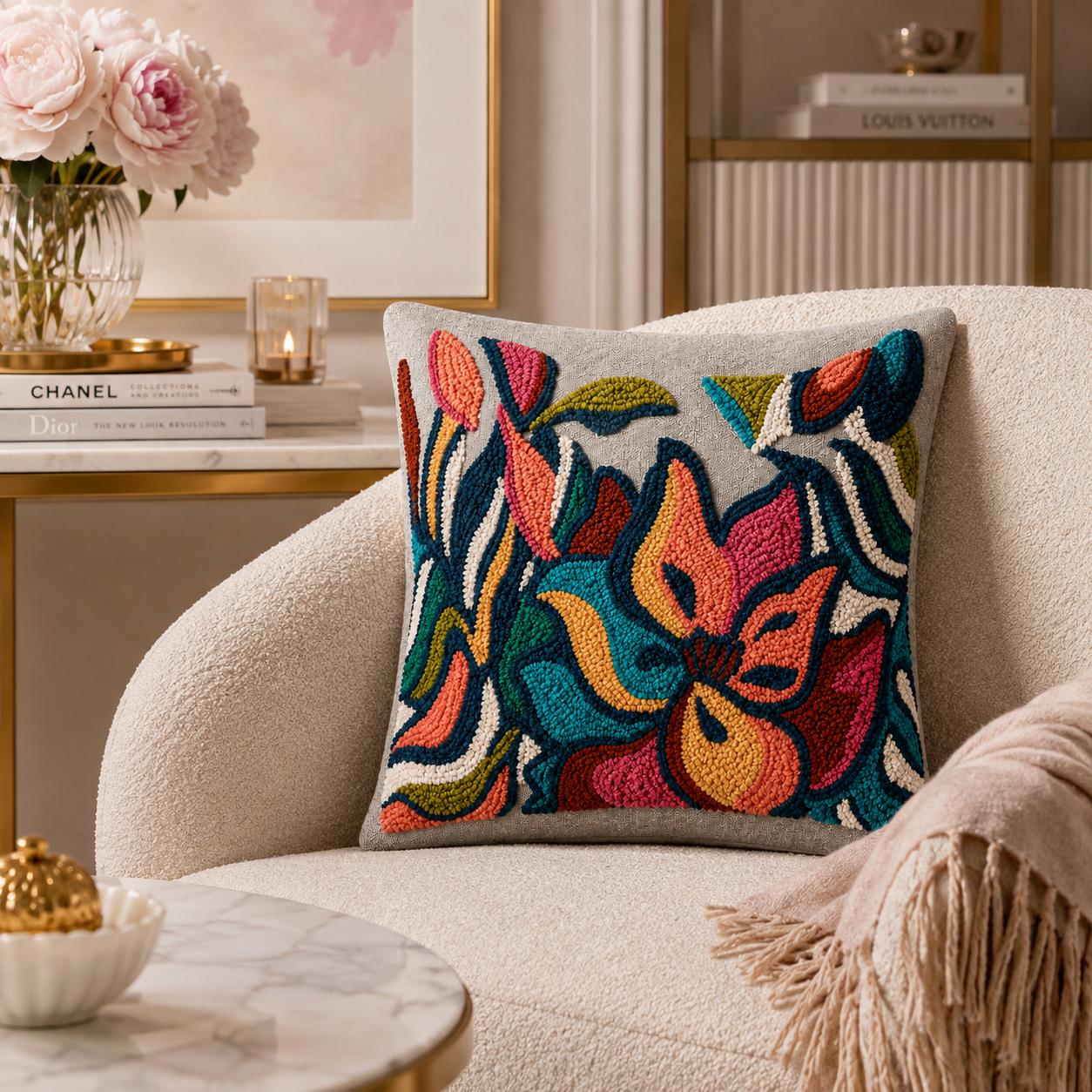 Mirelia handmade floral punch-needle cushion - alternate view