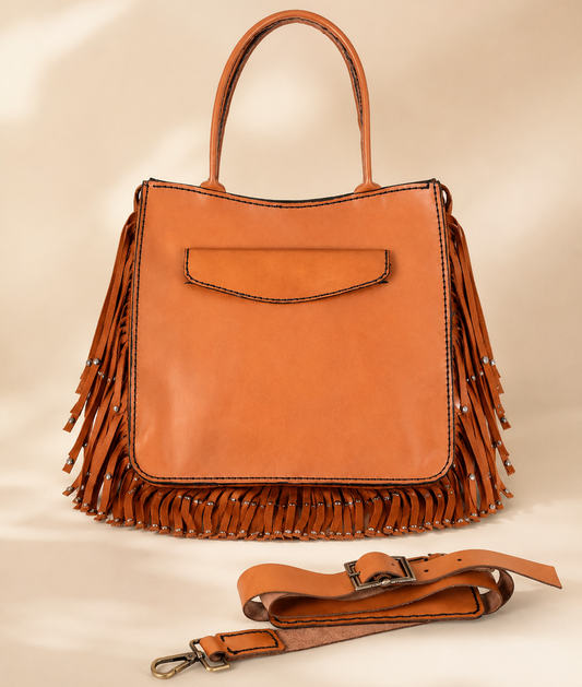 Back view of Sultara Bag showing rear pocket and leather fringe