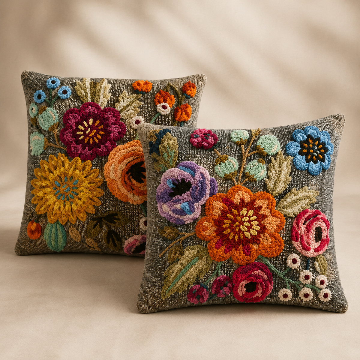 Fiorenne Duo handmade floral punch-needle cushion set