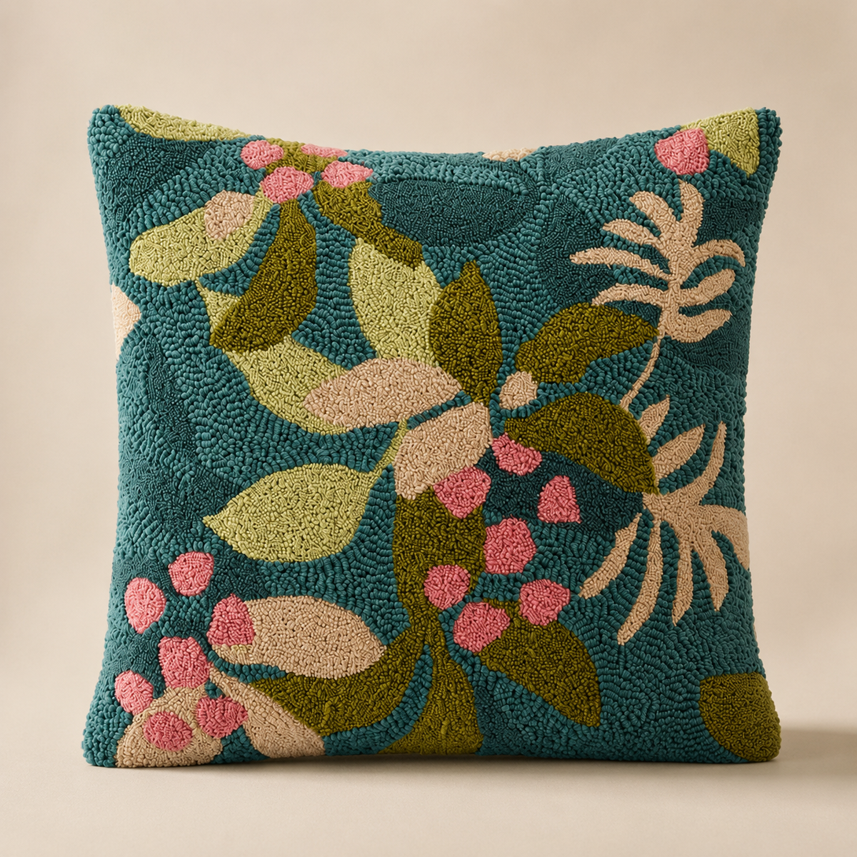 Veridia handmade botanical punch-needle cushion