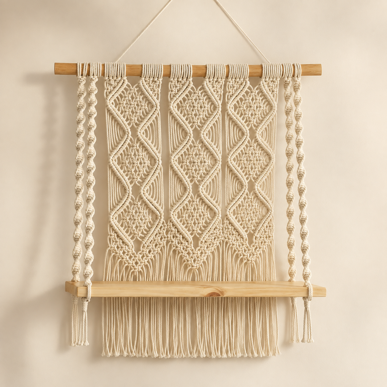 Galene handmade geometric macrame wall shelf