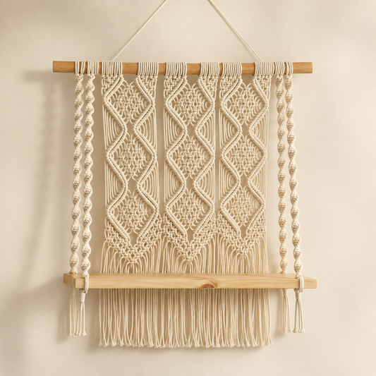 Galene handmade geometric macrame wall shelf