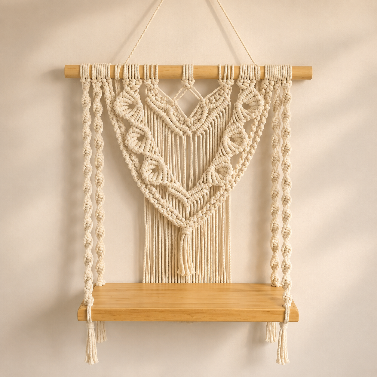 Zoria handmade macrame wall shelf with wooden ledge