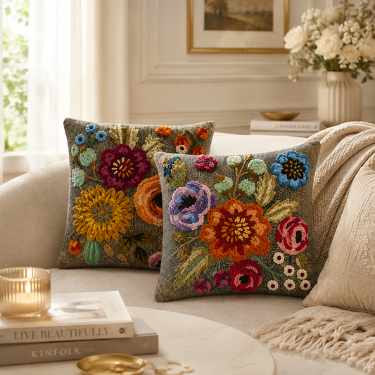 Fiorenne Duo handmade floral punch-needle cushion set - alternate view