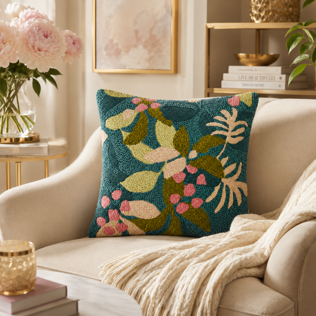 Veridia handmade botanical punch-needle cushion - alternate view