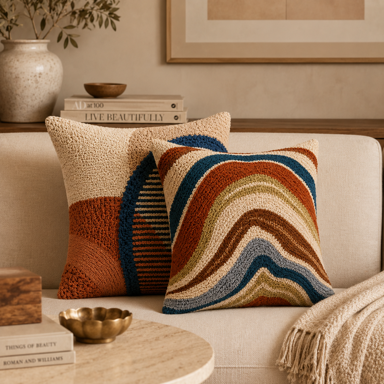 Dune Arc Duo handmade punch-needle cushion set - alternate view