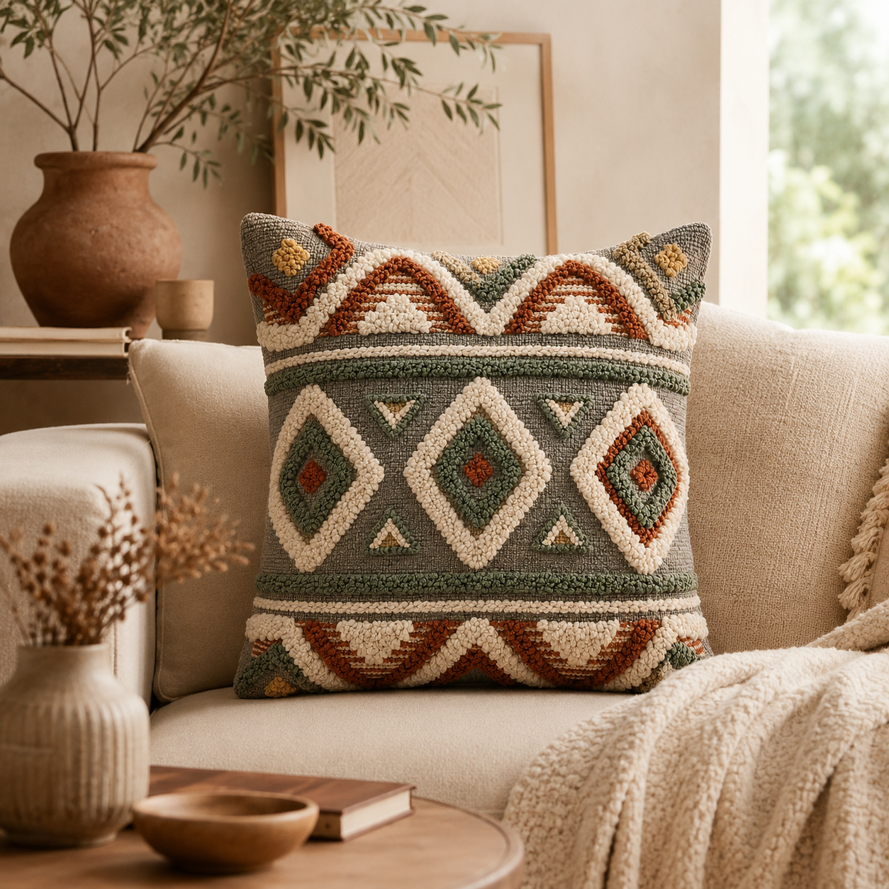 Tessara handmade geometric punch-needle cushion - alternate view