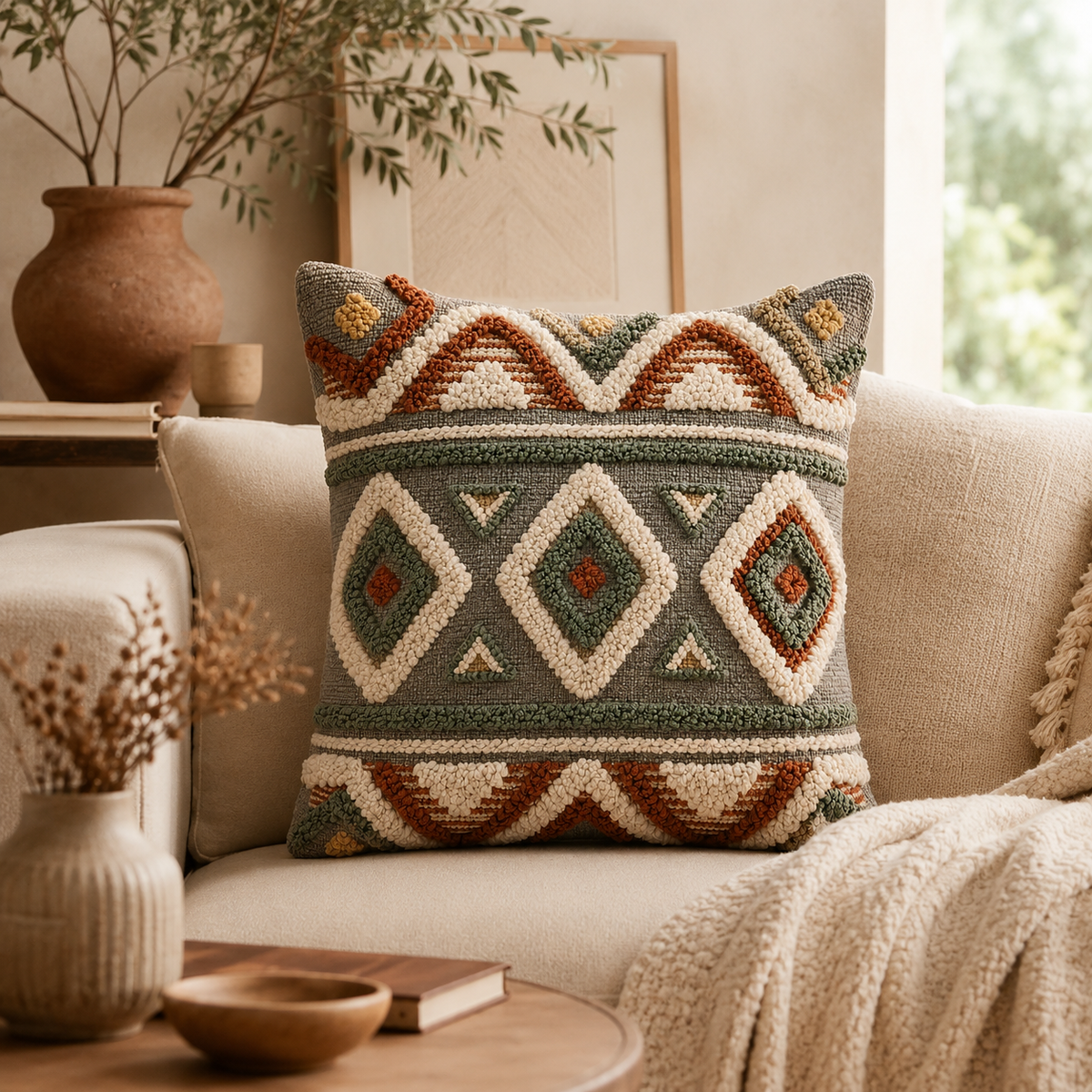 Tessara handmade geometric punch-needle cushion - alternate view
