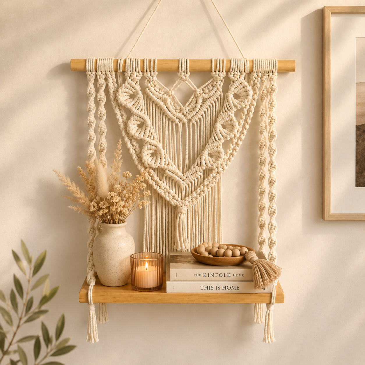Zoria handmade macrame wall shelf with wooden ledge - alternate view