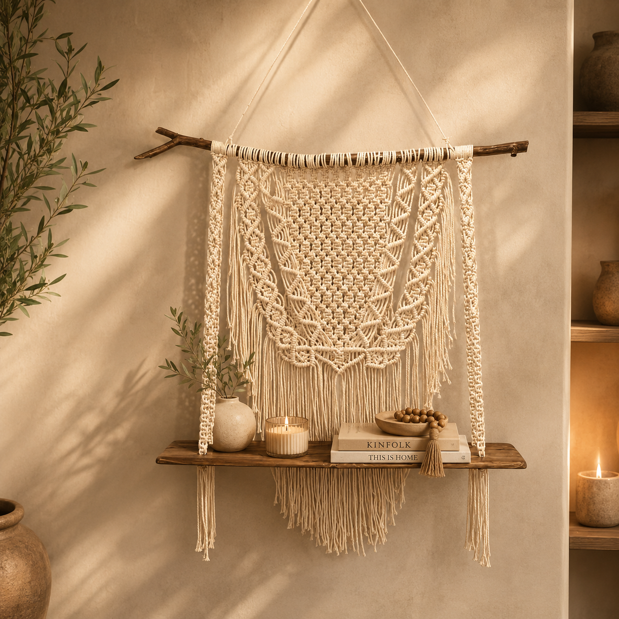 Elara handmade macrame wall shelf - alternate view