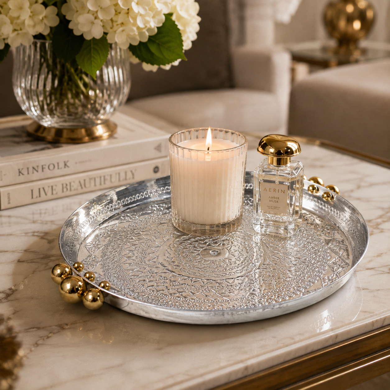 Solara hand-etched round aluminium tray - alternate view