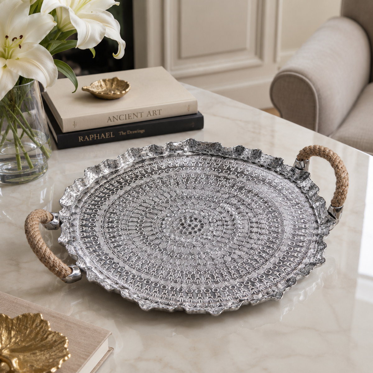 Lunelle hand-etched round aluminium tray - alternate view