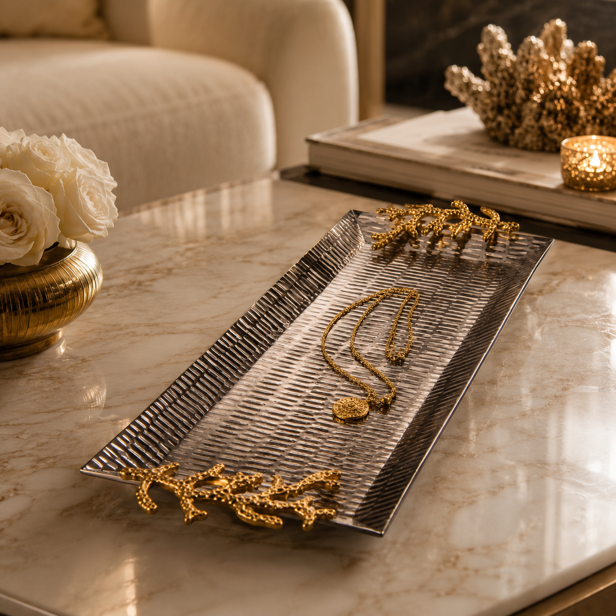 Valenne sculptural handmade stainless steel tray with copper details - alternate view